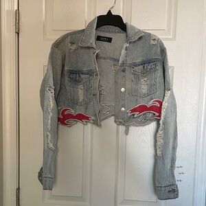 AKIRA Cropped Denim Jacket with Red and Gray Accents